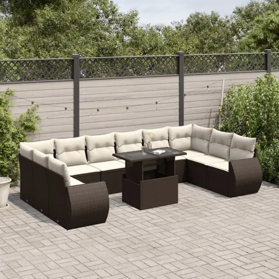 vidaXL 11-delssæt med hynder polyrattan brun