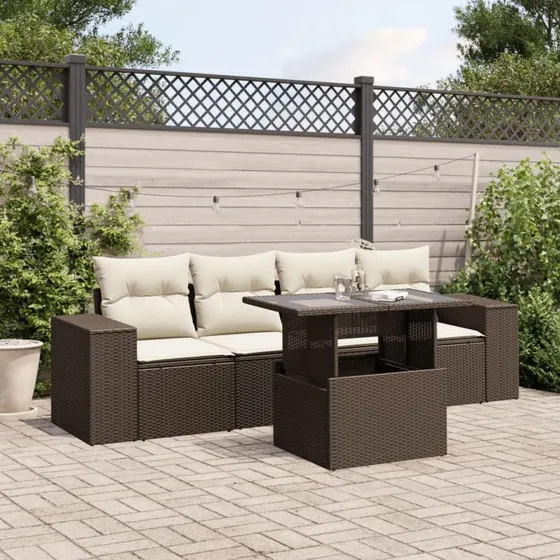 vidaXL 5-delssofasæt med hynder, polyrattan brun