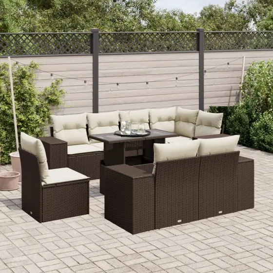 vidaXL 9-delssofasæt med hynder i polyrattan brun