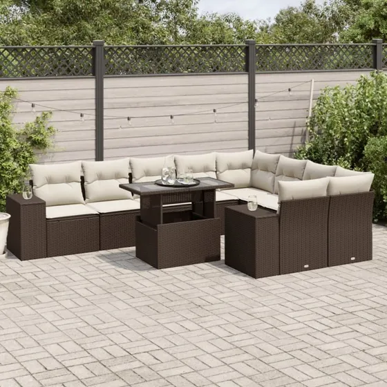 vidaXL 10-delssofasæt med hynder i polyrattan brun