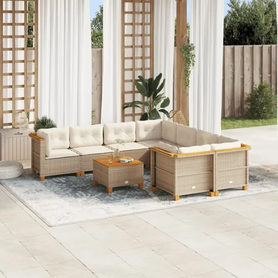 vidaXL 9-deles havemøbelssæt med hynder i polyrattan, beige
