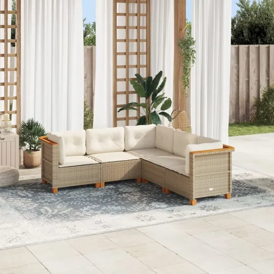 vidaXL 5-deligt havemøbelsæt med polyrattan, beige, med hynder