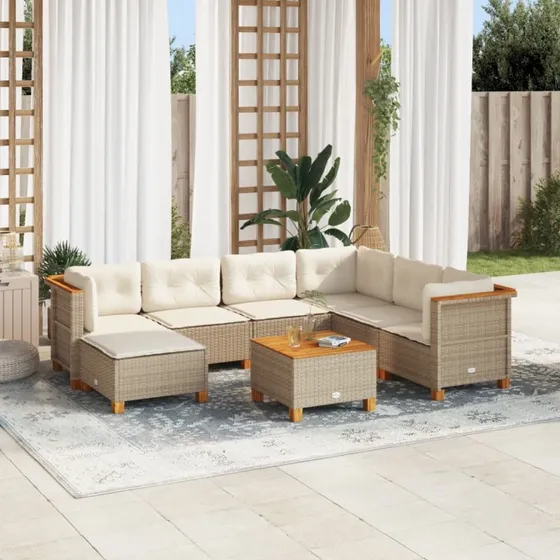 vidaXL 8-delssofasæt med hynder i polyrattan, beige