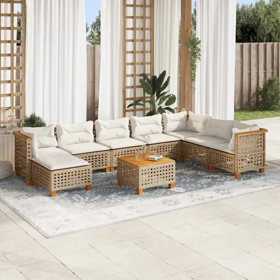 vidaXL 9-deles havemøbelssæt med hynder i polyrattan beige