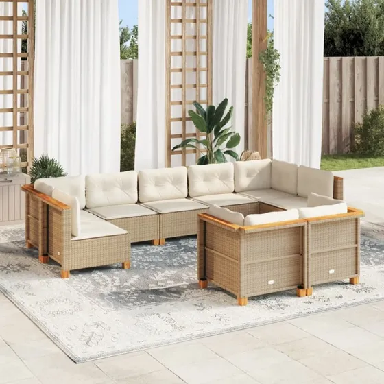 vidaXL 9-deligt havemøbelsæt med hynder i polyrattan, beige