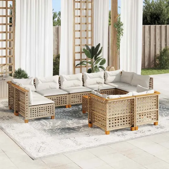 vidaXL 10-delssofasæt med hynder i polyrattan beige