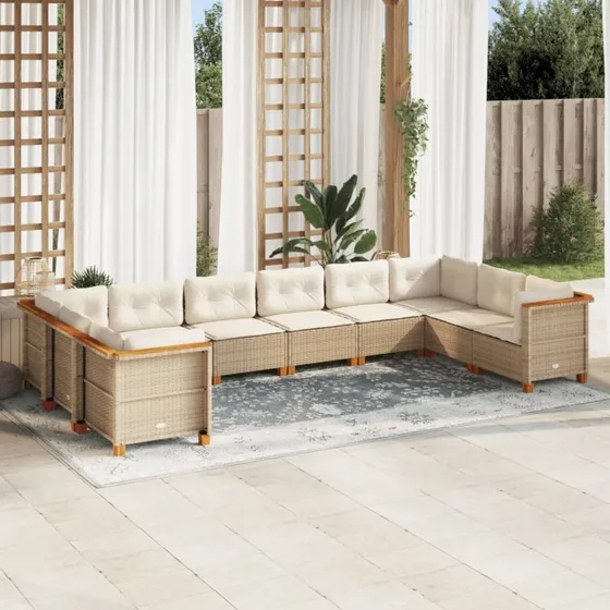 vidaXL 10-deles havemøbelssæt med polyrattan og hynder, beige