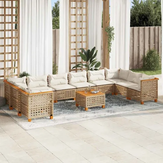 vidaXL 11-deles havemøbelssæt med polyrattan og hynder, beige