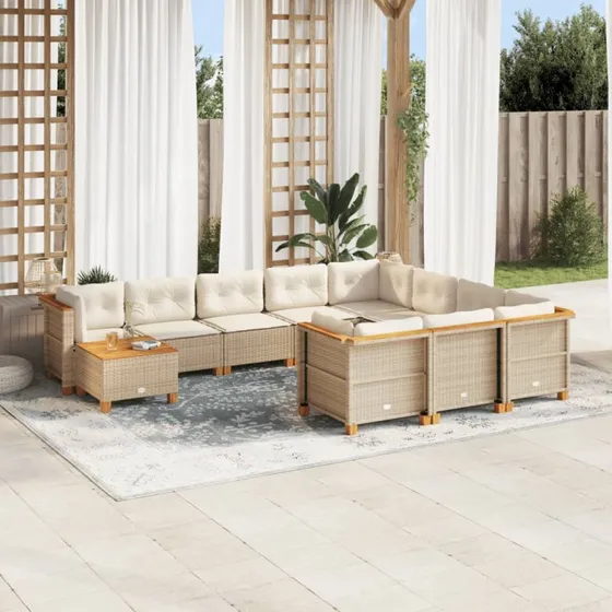 vidaXL 11-deles havemøbelssæt med hynder i polyrattan beige