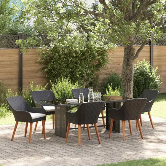 vidaXL Have Spisebordssæt 7 stk Sort polyrattan med pude