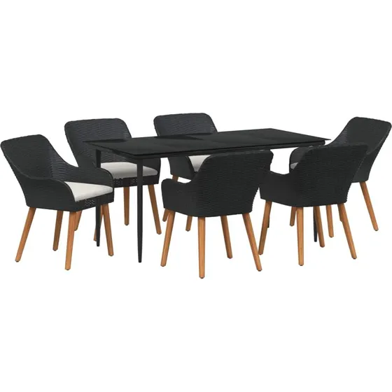 vidaXL Have Spisebordssæt 7 stk med pude, Sort polyrattan