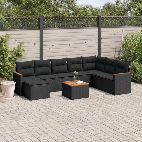 vidaXL 9-delssofasæt med hynder i polyrattan sort