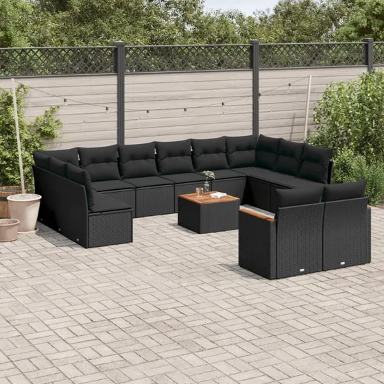 vidaXL 13-delssofasæt med hynder i polyrattan, sort