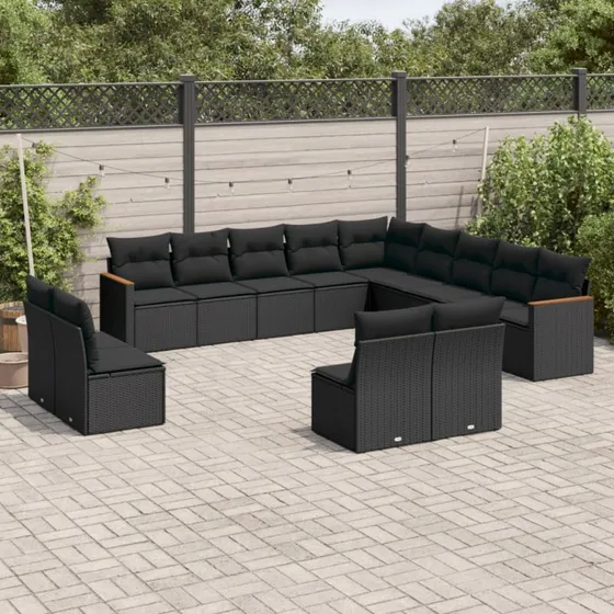 vidaXL 13-delssofasæt med hynder i polyrattan, sort