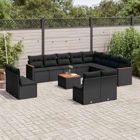 vidaXL 13-delssofasæt med hynder i polyrattan, sort