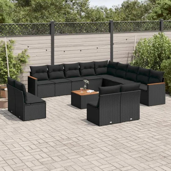 vidaXL 14-delssofasæt med hynder i polyrattan, sort