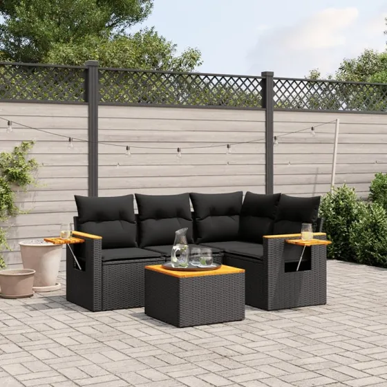 vidaXL 5-deles havesofasæt med hynder i polyrattan sort