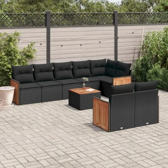 vidaXL 9-delssofasæt med hynder i polyrattan sort