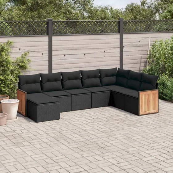 vidaXL 8-deles havesofasæt med hynder i polyrattan, sort
