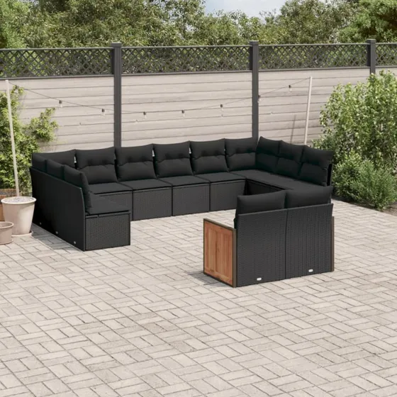 vidaXL 12-delssofasæt med hynder i polyrattan sort