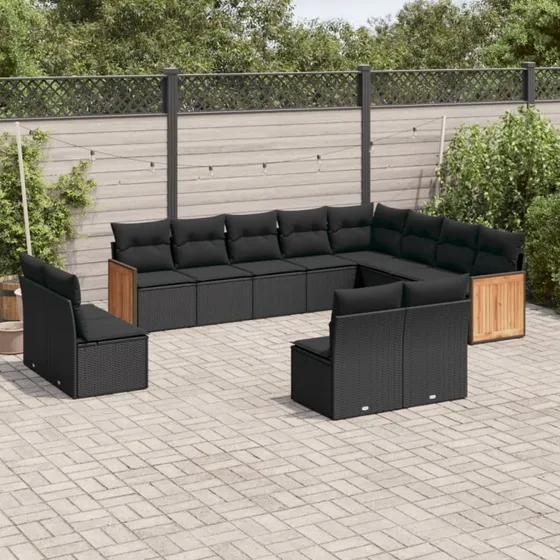 vidaXL 12-delssofasæt med hynder i polyrattan sort