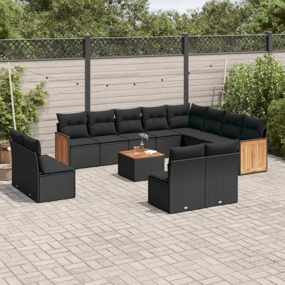 vidaXL 13-delssofasæt med hynder i polyrattan, sort