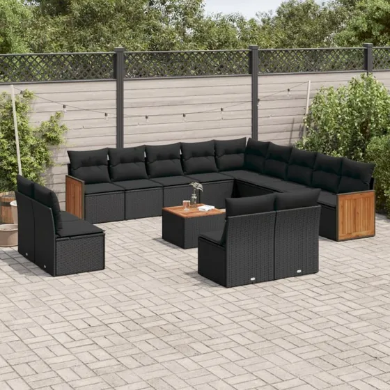 vidaXL 14-delssofasæt med hynder i polyrattan sort