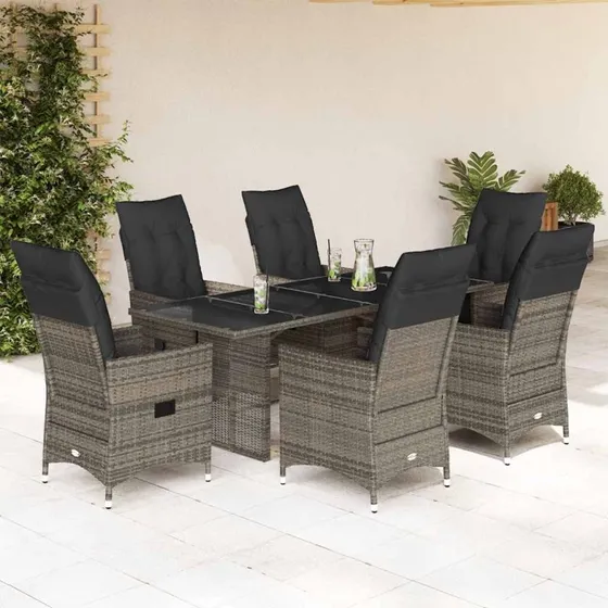 vidaXL 7-delers spisebordssæt med hynder i polyrattan grå