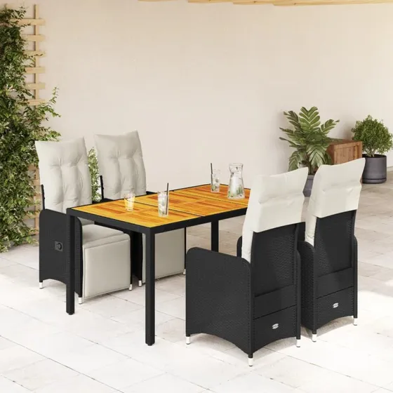 vidaXL Bistrosæt 5 dele med hynder, polyrattan sort