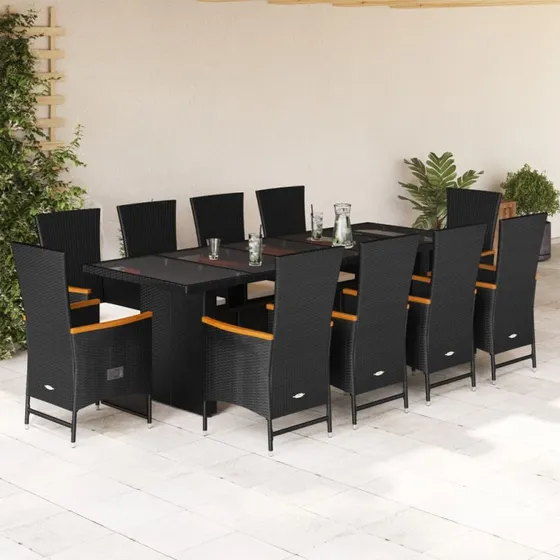 vidaXL 11-delers spisebordssæt med hynder i sort polyrattan