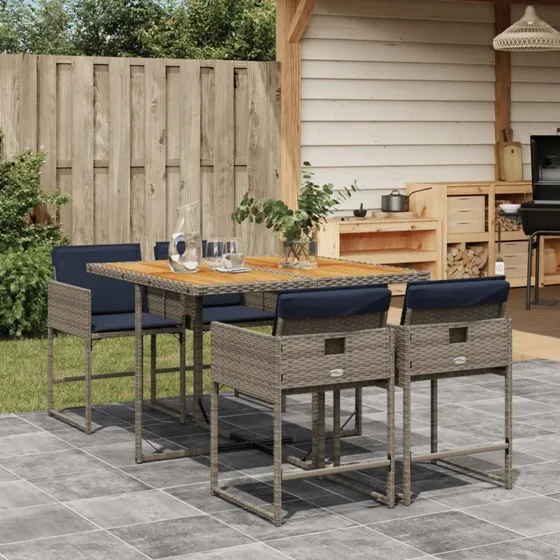 vidaXL 5-deles spisebordssæt med hynder i polyrattan grå