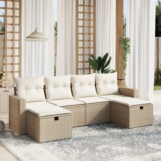 Sofasæt Til Haven 6 Dele Med Hynder Polyrattan Sort - Beige og Cremefarvet