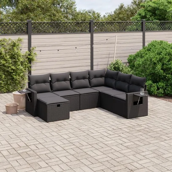 Sofasæt 7 dele polyrattan sort med hynder