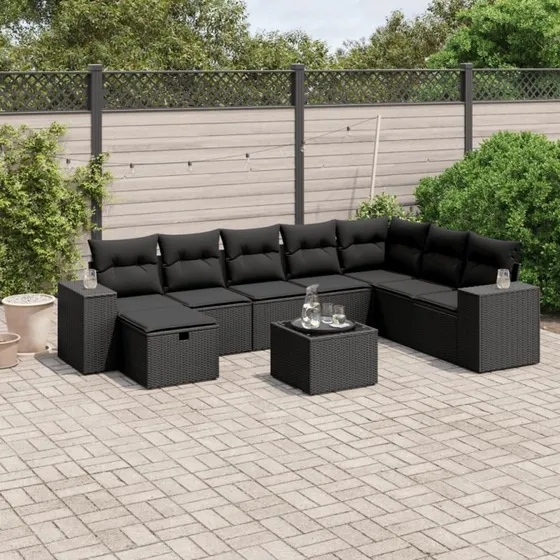 Sofa 9-del, polyrattan sort, havemøbler