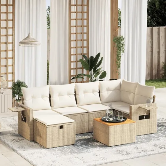 Sofasæt Til Haven 7 Dele Med Hynder Polyrattan Beige - Sort