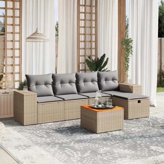 Havesofasæt 6 dele med hynder polyrattan beige - sort