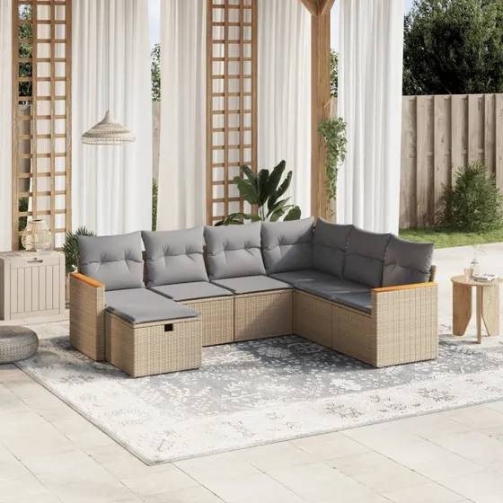 Havesofasæt 7 dele med hynder polyrattan beige/sort