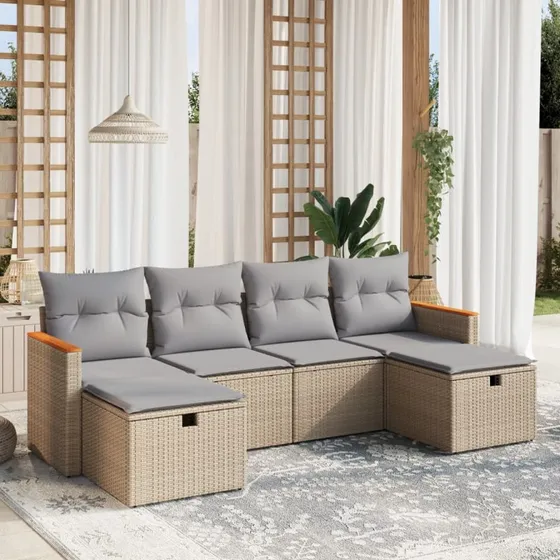 Havesofasæt 6 dele polyrattan beige/sort med hynder