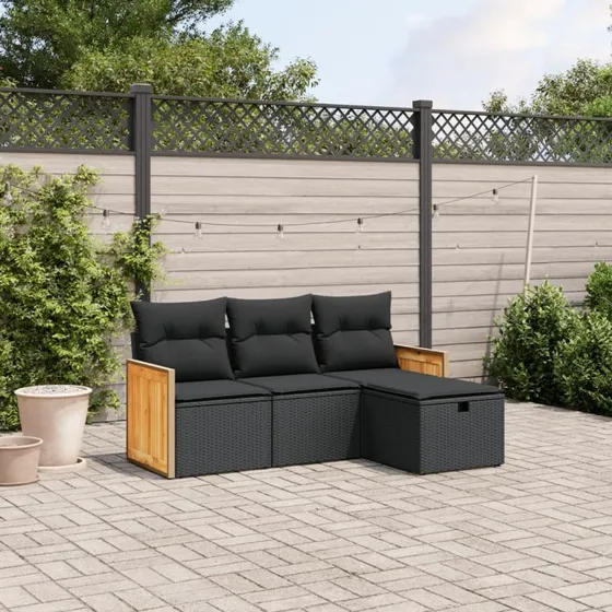 Polyrattan Sofasæt 4 Dele Sort med Hynder