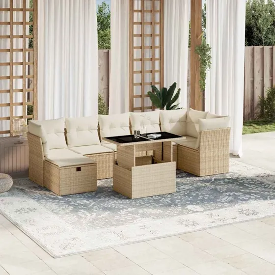 vidaXL 8-delsofasæt med hynder, polyrattan, beige