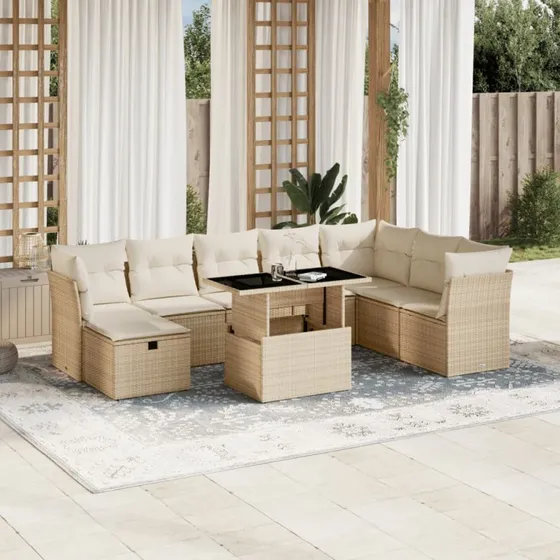 vidaXL 9-dels havemøbelssæt med hynder i polyrattan beige