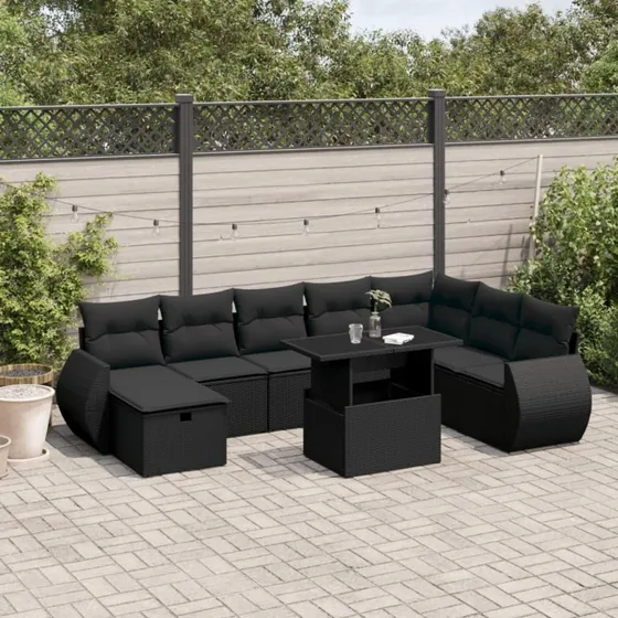 Sofasæt til haven 9 dele med hynder polyrattan sort