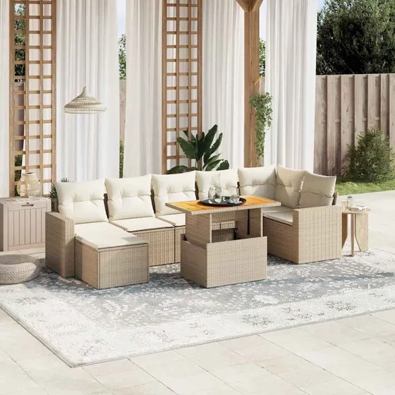 vidaXL 8-delssofasæt med polyrattan, beige, med hynder og bord