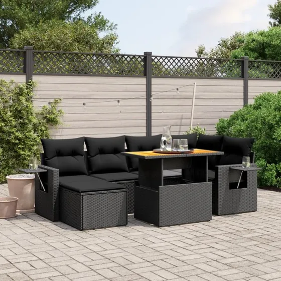 Sofa 7 dele beige/creme med hynder, polyrattan