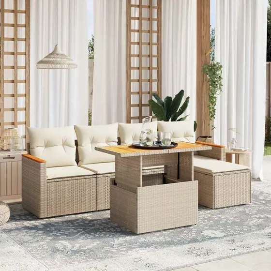 Sofasæt Til Haven 6 Dele Sort/Beige Polyrattan med Hynder