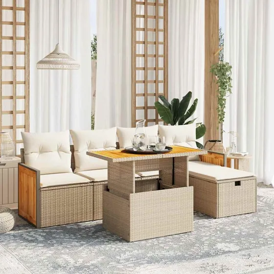 Sofasæt Til Haven 6 Dele Sort Polyrattan med Cremefarvede Hynder
