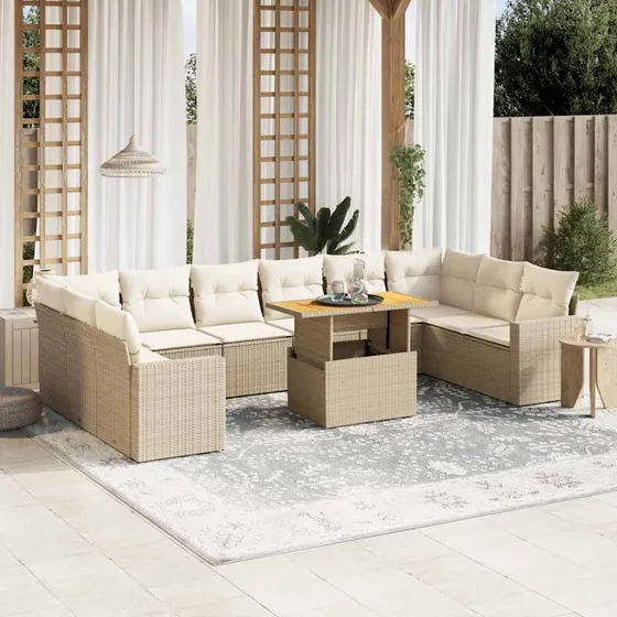 vidaXL 11-delssofasæt med hynder i polyrattan beige