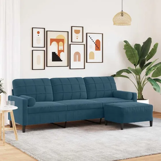 vidaXL 3-personers sofa med fodskammel 210 cm blå velour