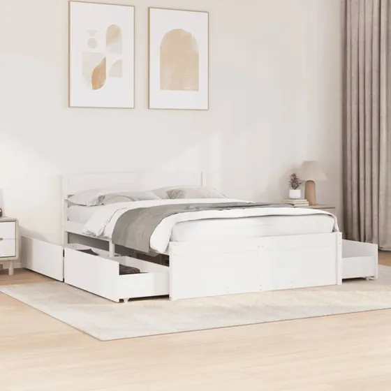 vidaXL sengeramme 135x190 cm hvid massivt fyrretræ med skuffer