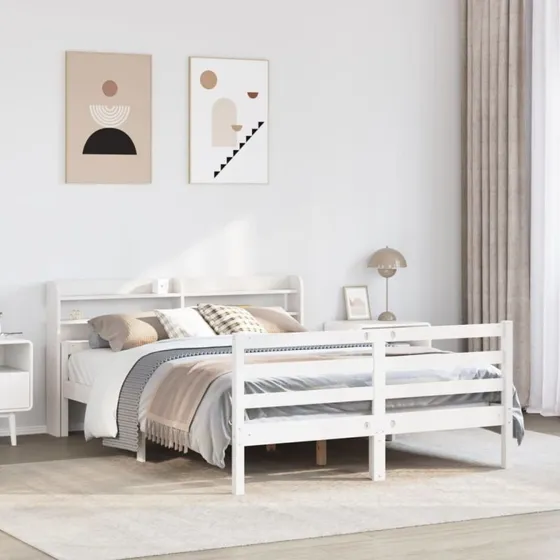 vidaXL Sengeramme 150x200 cm med hovedgærde i massivt fyrretræ, hvid